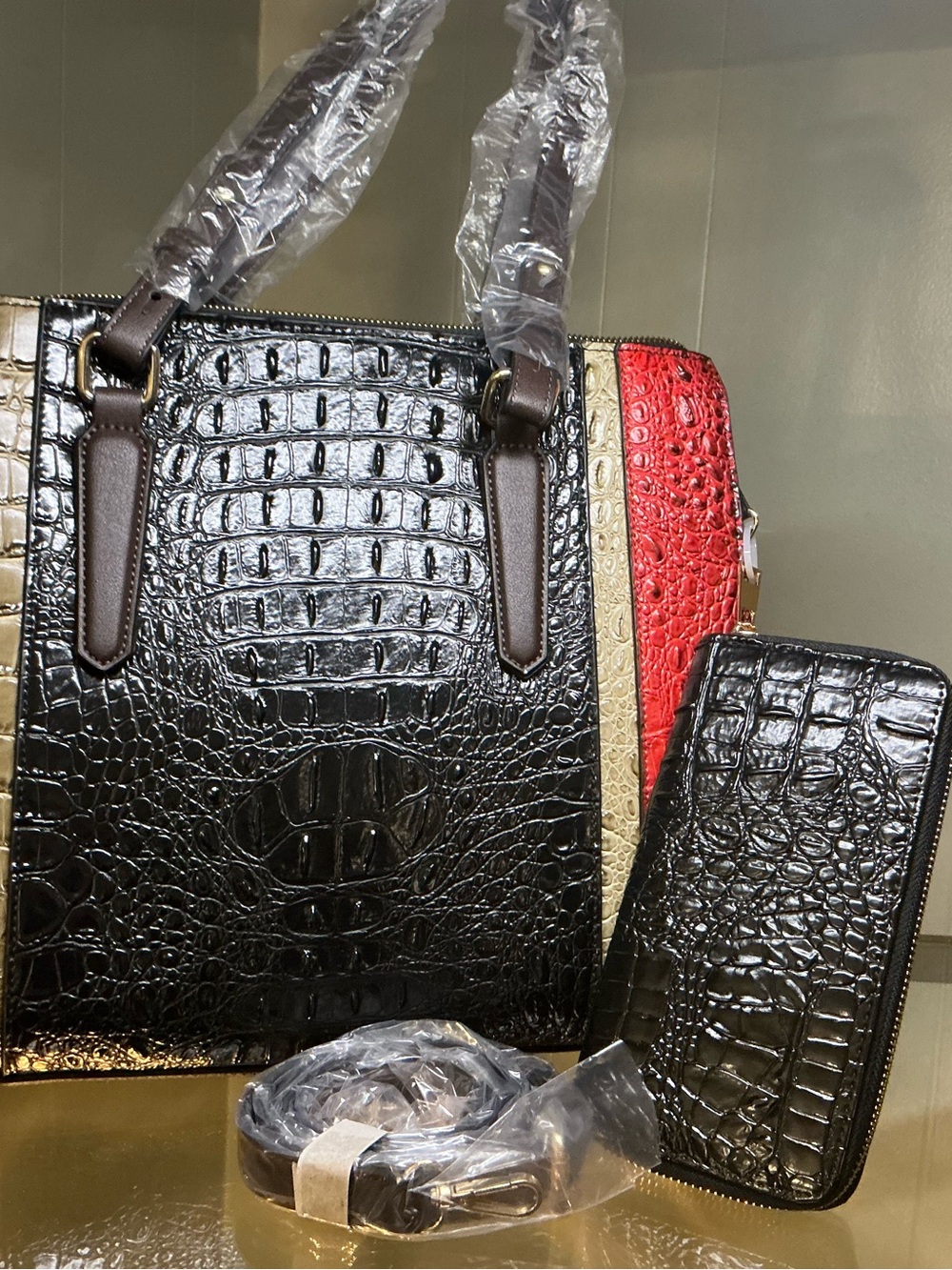 Croc-Embossed Black Tote with Red Accent and Matching Zip Wallet